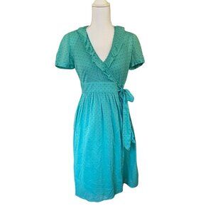 J Crew Wrap Dress Green Turquoise Swiss Dot Short Sleeve Knee Length 2